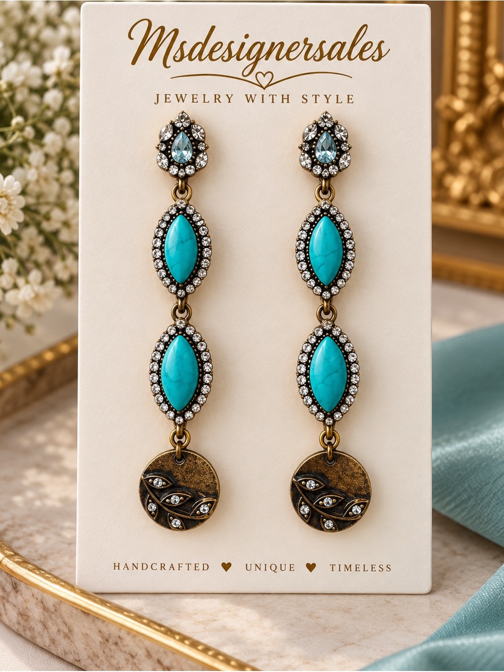 Turquoise Drop Earrings - Vintage Gold Tone